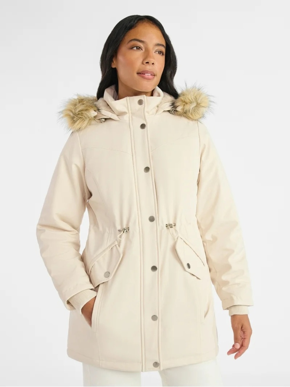 Time and Tru Cream Hooded Ski Jacket with Faux Fur Trim